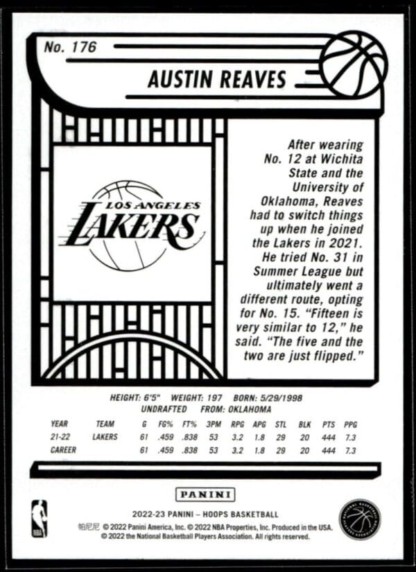 2022 Hoops Los Angeles Lakers #176 Austin Reaves