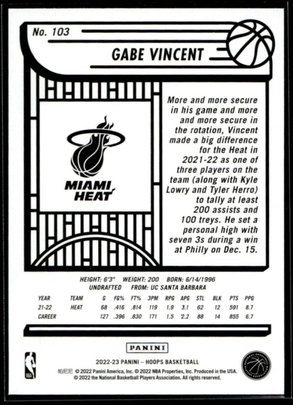 2022 Hoops Miami Heat #103 Gabe Vincent