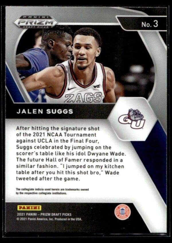 2021 Panini Prizm Draft Picks Gonzaga Bulldogs #3 Jalen Suggs RC Rookie