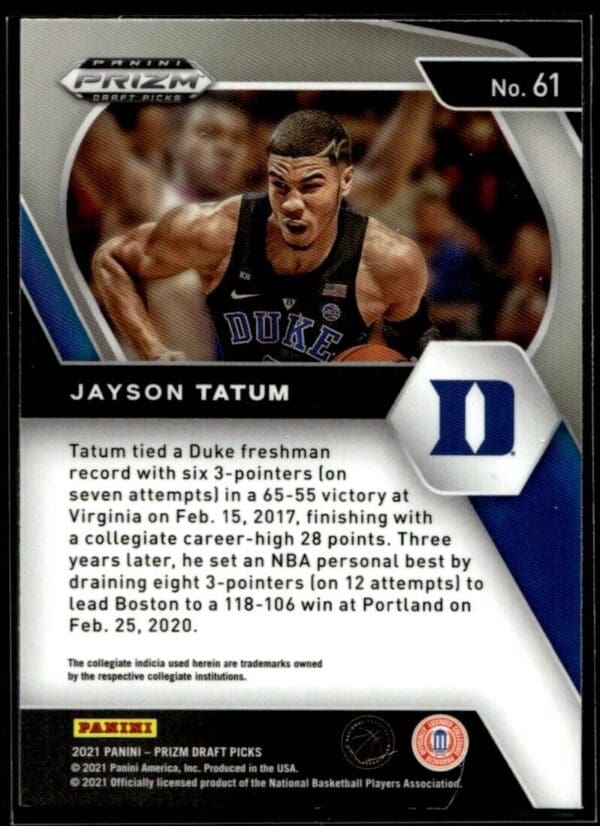 _10 2021 Panini Prizm Draft Picks Duke Blue Devils #61 Jayson Tatum
