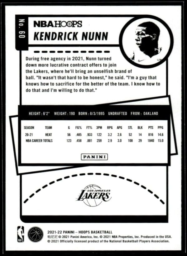 2021 NBA Hoops Los Angeles Lakers #60 Kendrick Nunn