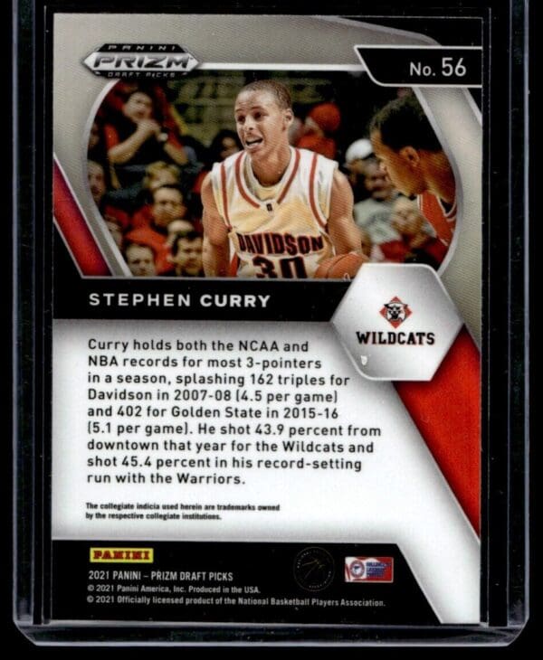 _10 2021 Panini Prizm Draft Picks Davidson Wildcats #56 Stephen Curry RC Rookie