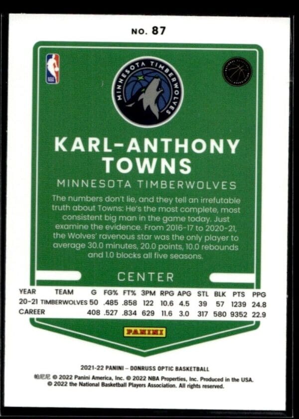 2021-22 Donruss Optic Karl-Anthony Towns Minnesota Timberwolves #75