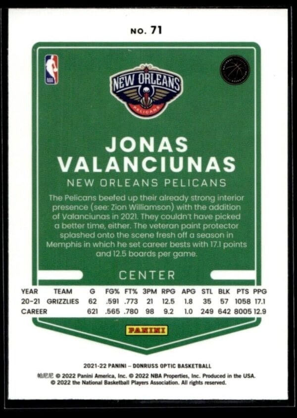 2021-22 Donruss Optic Jonas Valanciunas New Orleans Pelicans #71