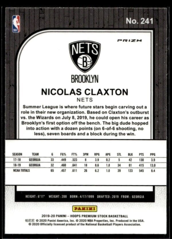 _10 2019-20 Hoops Nicolas Claxton Rookie Brooklyn Nets #241