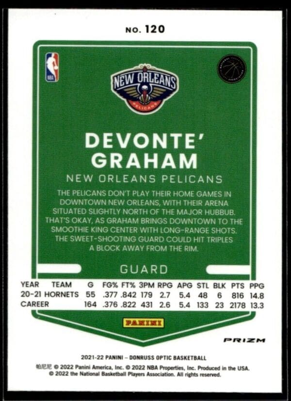 2021-22 Donruss Optic Devonte' Graham New Orleans Pelicans #74 Holo Prizm