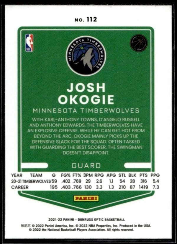 2021-22 Donruss Optic Josh Okogie Minnesota Timberwolves #112