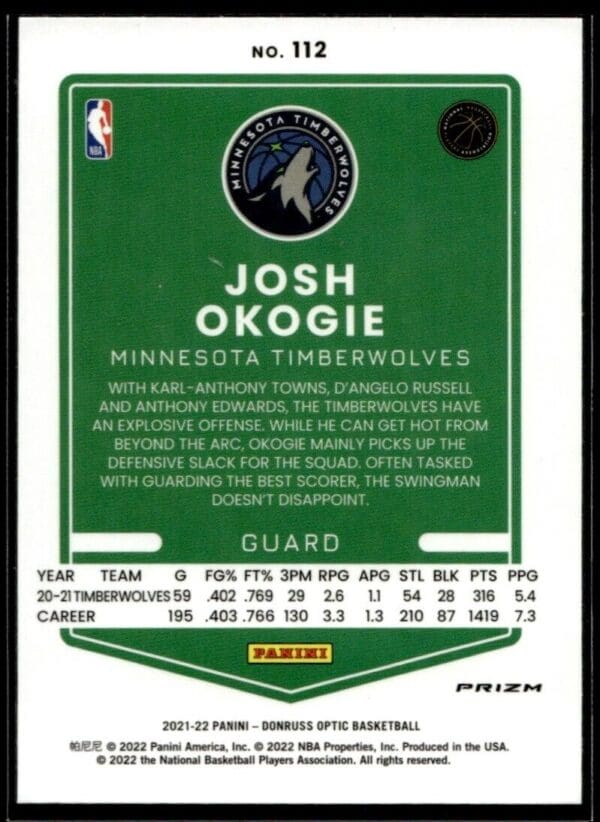 2021-22 Donruss Optic Josh Okogie Minnesota Timberwolves #112 Holo Prizm