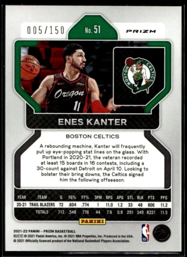 2021-22 Panini Prizm Enes Kanter 5/150 Boston Celtics #51 Blue Disco
