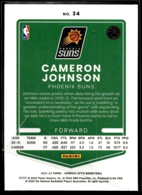 2021-22 Donruss Optic Cameron Johnson Phoenix Suns #34