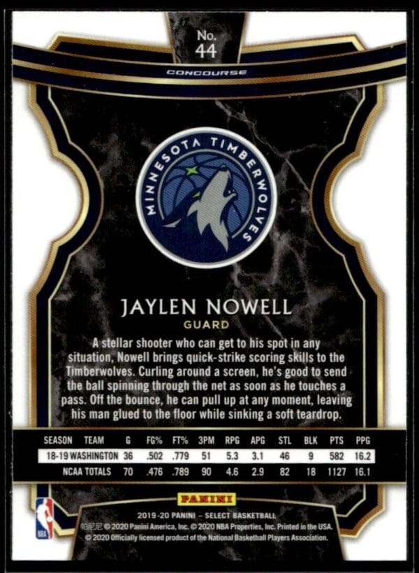 2019-20 Panini Select Jaylen Nowell Rookie Minnesota Timberwolves #44