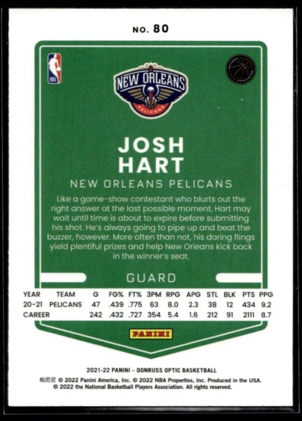 2021-22 Donruss Optic Josh Hart New Orleans Pelicans #80