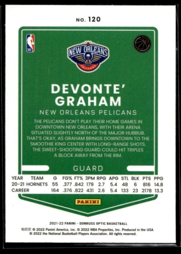 2021-22 Donruss Optic Devonte' Graham New Orleans Pelicans #120