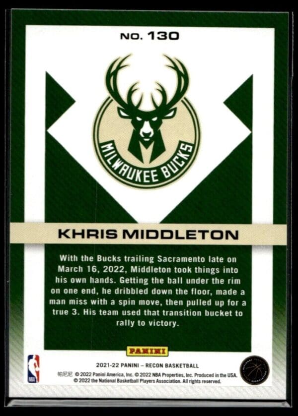 _10 2021-22 Panini Recon Khris Middleton Milwaukee Bucks #130