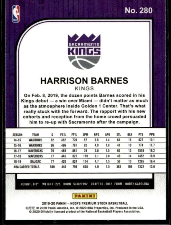 2019-20 Hoops Harrison Barnes Sacramento Kings #280
