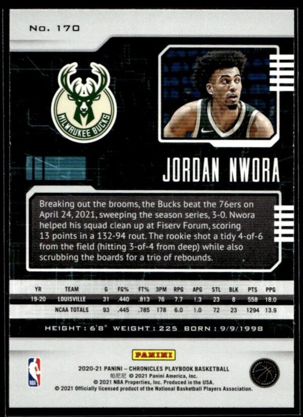 2020-21 Panini Chronicles Playbook Jordan Nwora Rookie Milwaukee Bucks #170