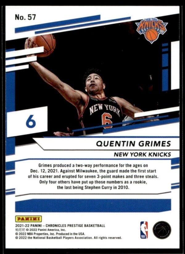 2021-22 Panini Chronciles Prestige Quentin Grimes Rookie New York Knicks #57