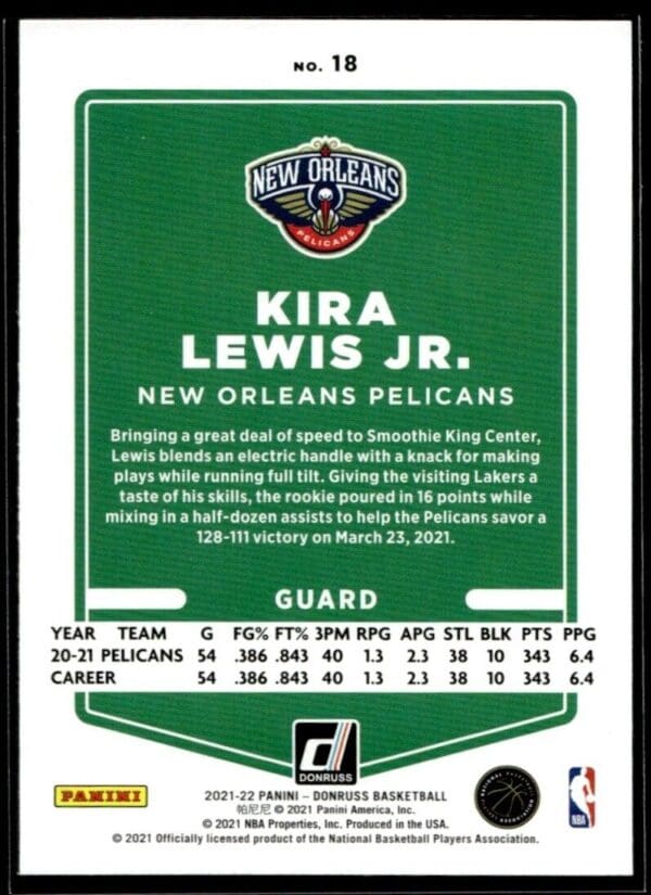 2021-22 Donruss Optic Kira Lewis Jr. New Orleans Pelicans #18