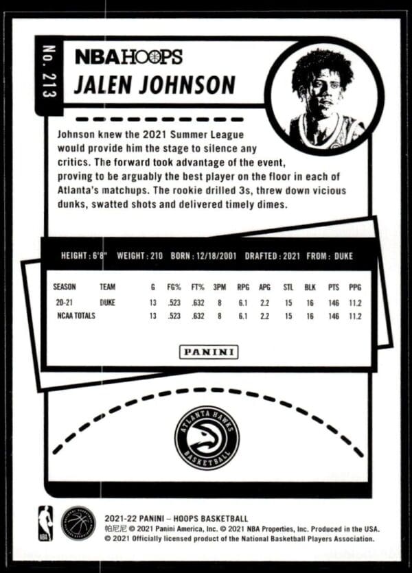 2021 NBA Hoops Atlanta Hawks #213 Jalen Johnson RC Rookie