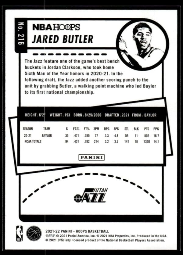 2021 NBA Hoops Utah Jazz #216 Jared Butler RC Rookie