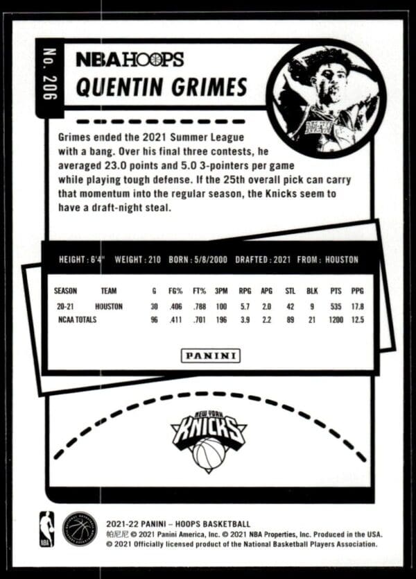 2021 NBA Hoops New York Knicks #206 Quentin Grimes RC Rookie