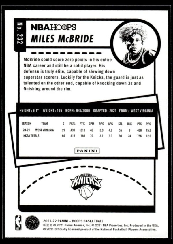 2021 NBA Hoops New York Knicks #232 Miles McBride RC Rookie