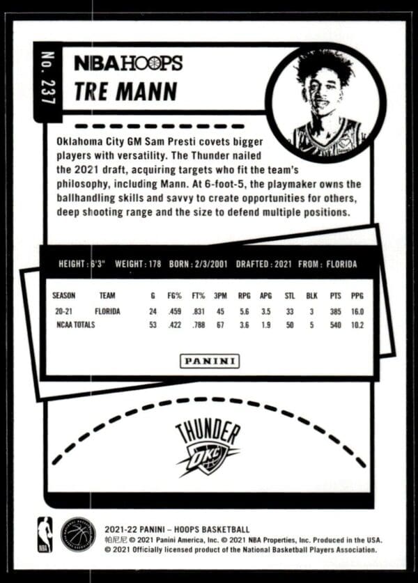 2021 NBA Hoops Oklahoma City Thunder #237 Tre Mann RC Rookie
