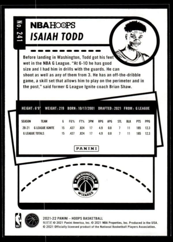 2021 NBA Hoops Washington Wizards #241 Isaiah Todd RC Rookie