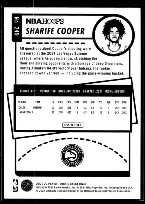 2021 NBA Hoops Atlanta Hawks #249 Sharife Cooper RC Rookie