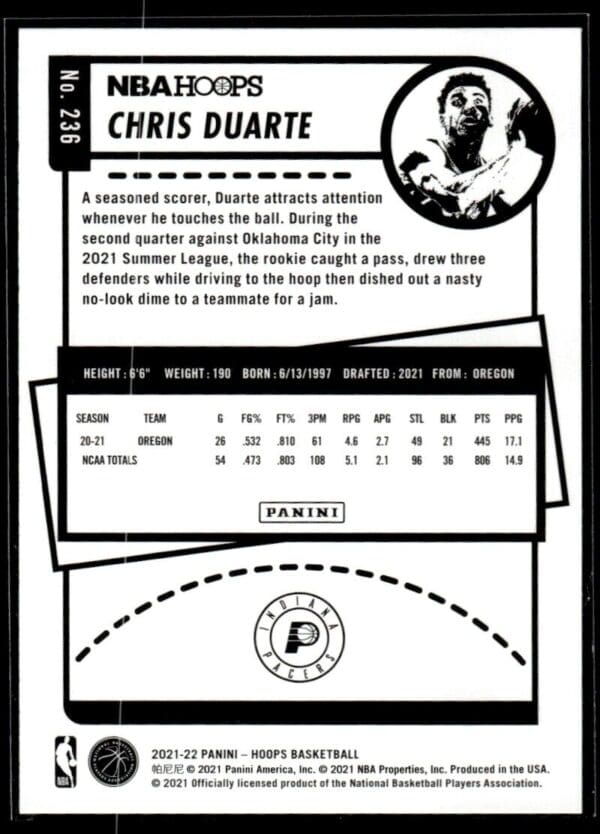 2021 NBA Hoops Indiana Pacers #236 Chris Duarte RC Rookie