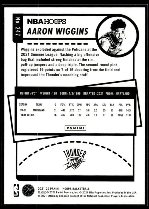 2021 NBA Hoops Oklahoma City Thunder #247 Aaron Wiggins RC Rookie
