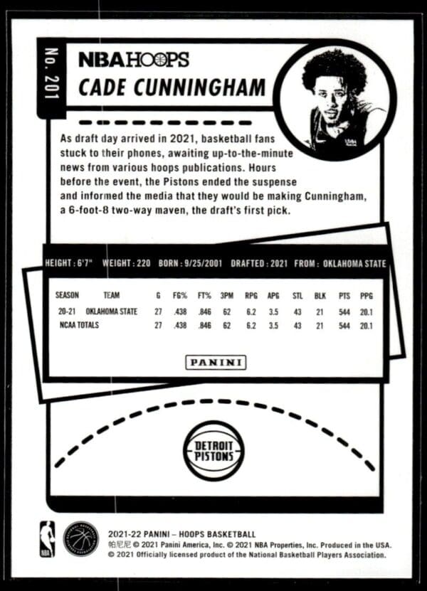 2021 NBA Hoops Detroit Pistons #201 Cade Cunningham RC Rookie