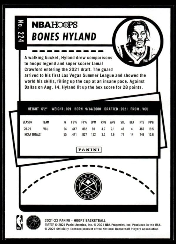 2021 NBA Hoops Denver Nuggets #224 Bones Hyland RC Rookie