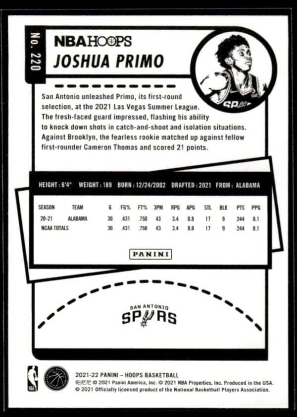 2021 NBA Hoops San Antonio Spurs #220 Joshua Primo RC Rookie