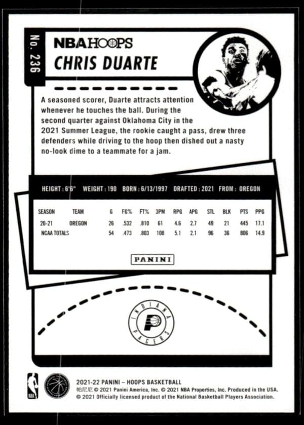 2021 NBA Hoops Indiana Pacers #236 Chris Duarte RC Rookie