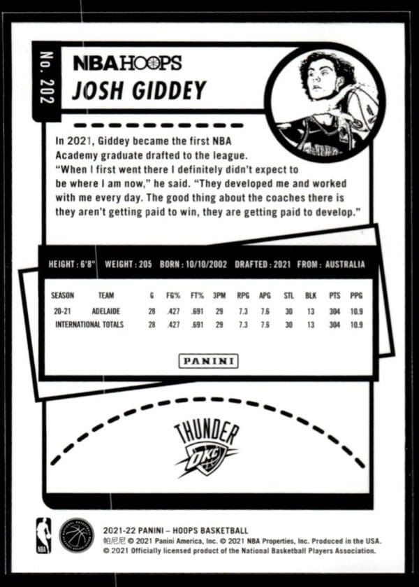 2021 NBA Hoops Oklahoma City Thunder #202 Josh Giddey RC Rookie
