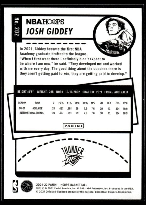 2021 NBA Hoops Oklahoma City Thunder #202 Josh Giddey RC Rookie