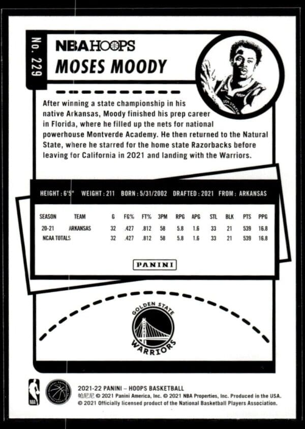 _10 2021 NBA Hoops Golden State Warriors #229 Moses Moody RC Rookie