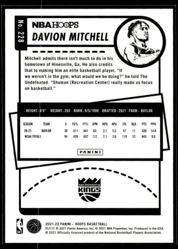 2021 NBA Hoops Sacramento Kings #228 Davion Mitchell RC Rookie
