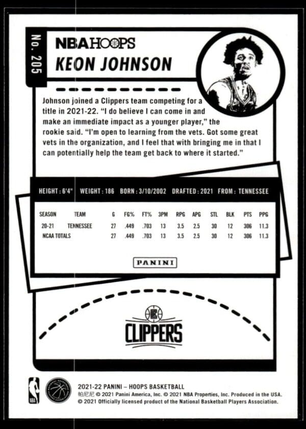 2021 NBA Hoops Los Angeles Clippers #205 Keon Johnson RC Rookie