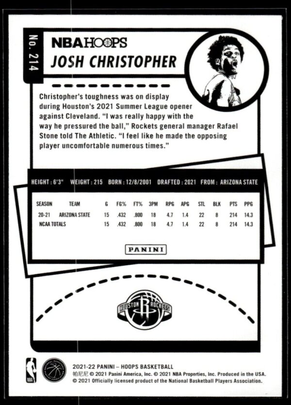 _10 2021 NBA Hoops Houston Rockets #214 Josh Christopher RC Rookie