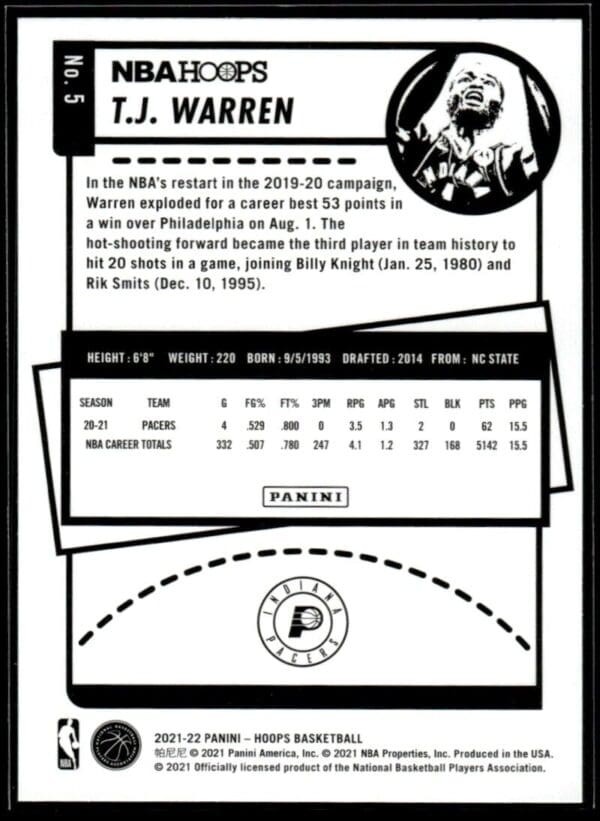 2021 NBA Hoops Indiana Pacers #5 T.J. Warren
