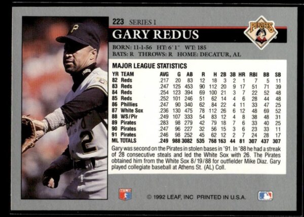 1992 Leaf Pittsburgh Pirates #223 Gary Redus