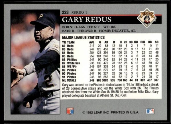 1992 Leaf Pittsburgh Pirates #223 Gary Redus