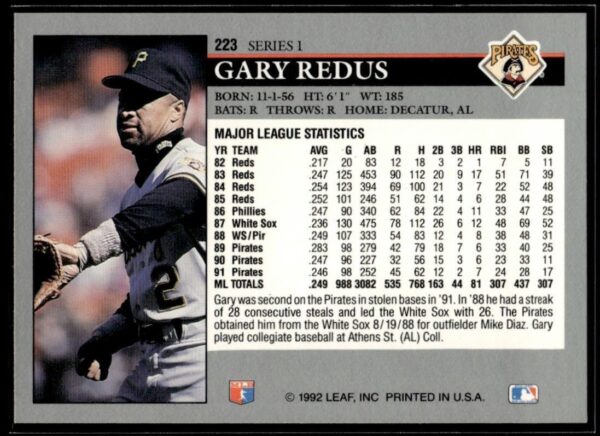 1992 Leaf Pittsburgh Pirates #223 Gary Redus