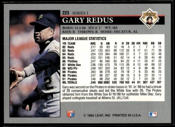 1992 Leaf Pittsburgh Pirates #223 Gary Redus