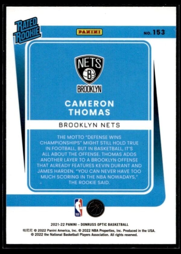 _10 2021 Donruss Optic Brooklyn Nets #153 Cameron Thomas RC Rookie