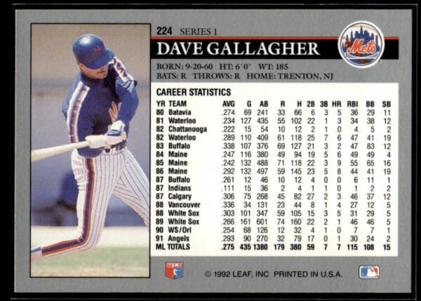 1992 Leaf New York Mets #224 Dave Gallagher