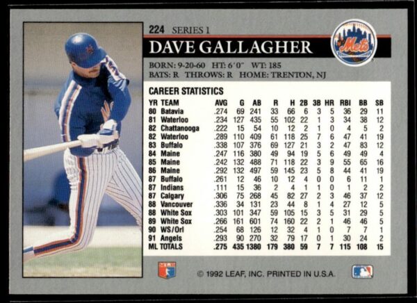 _10 1992 Leaf New York Mets #224 Dave Gallagher