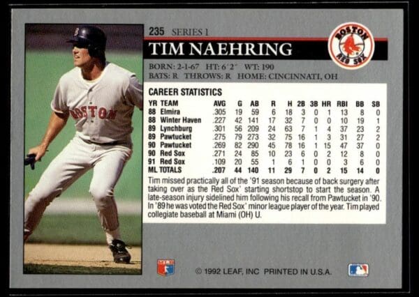 1992 Leaf Boston Red Sox #235 Tim Naehring